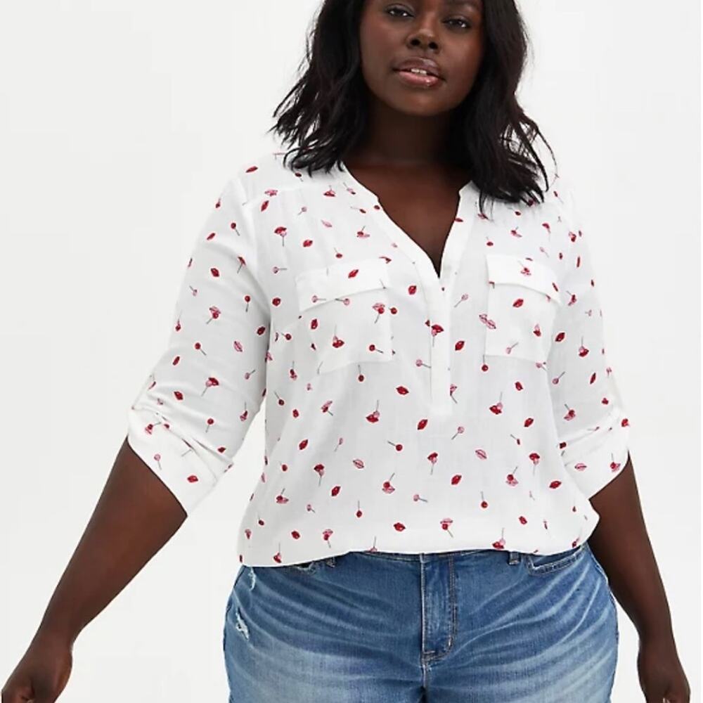 Torrid White Blouse with Red Floral Print
